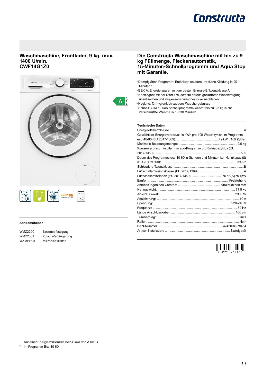 Waschautomat CONSTRUCTA CWF14G1Z0 – Bild 8